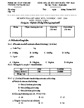 Đề kiểm tra giữa học kỳ I môn Toán Lớp 4 - Năm học 2015-2016 - Trường TH Thanh Mai